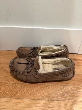UGG Brown Suede Moccasin Slippers with Cream Shearling